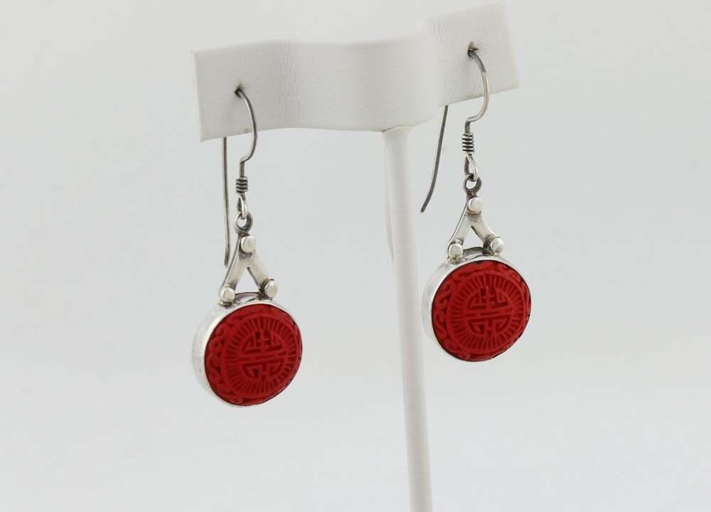 Sterling Silver Sajen Cinnabar Chinese Long Life Earrings Dangle 2 " x 5/8" in - Picture 5 of 8